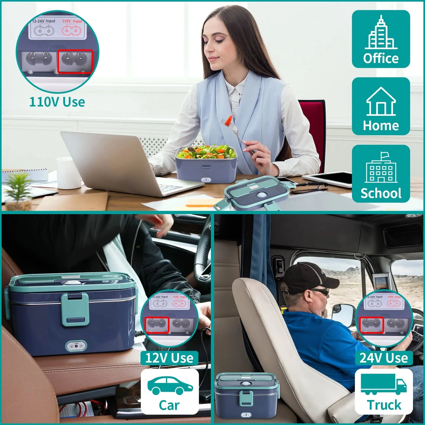 Beiou 60W Electric Lunch Box – Portable 1.8L Food Warmer for Car, Truck, Home & Office (12V/24V/110V)