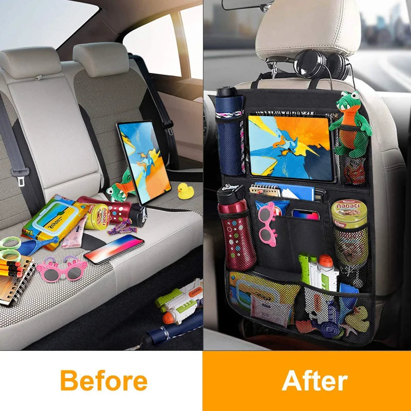 "Premium Car Backseat Organizer with Touchscreen Tablet Holder – Ultimate Auto Storage & Seat Protector"